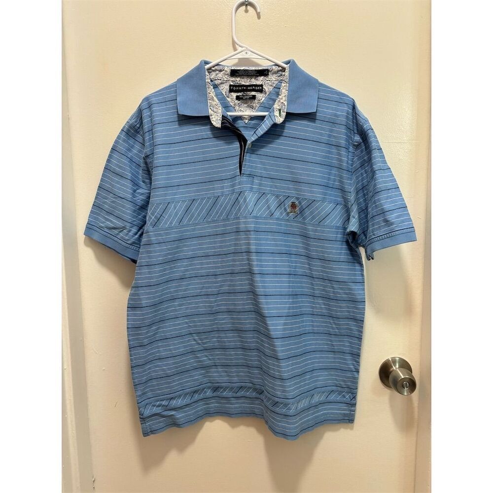 Tommy Hilfiger Men's Blue Striped Polo Shirt Size L Mercerized Cotton